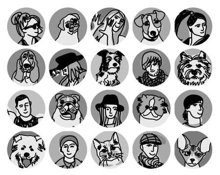 Collection of round icons with people and domestic animals. Monochrome vector illustration. のイラスト素材