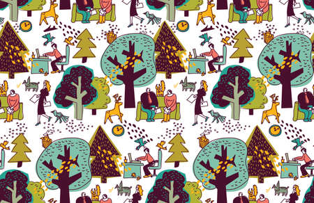Ecology  office business space with nature. Business people work in nature seamless pattern. Color vector illustration. EPS8のイラスト素材