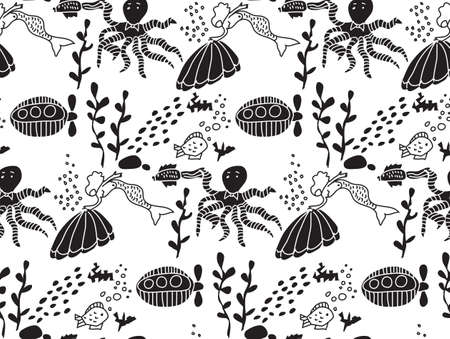 Underwater sealife animal monochrome seamless pattern. Sea animals and objects wallpaper. Black and white vector illustration. EPS8のイラスト素材
