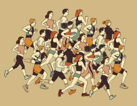 Group people sport moving run together. Healthy marathon with group young people. Color vector illustrationのイラスト素材