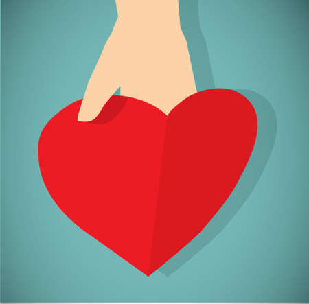 Red paper heart in hand flat icon. Greeting card with empty place for text. のイラスト素材