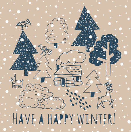 Winter greeting card with sign and snow.  Trees, animals, snow and sign hello winter.のイラスト素材