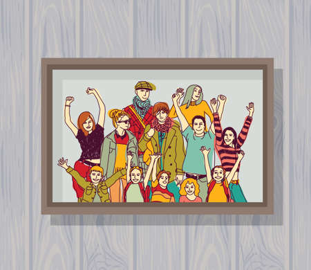 Big happy family group color photo on the wall.