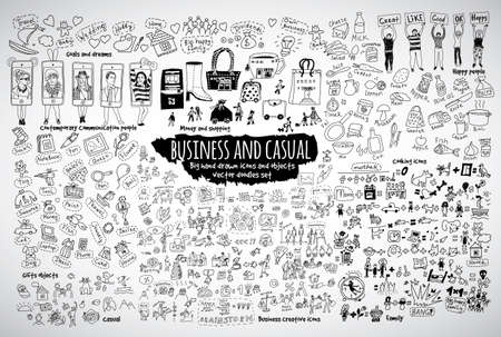 Big bundle business and casual doodles icons and objects. Black and white vector illustration. EPS8のイラスト素材