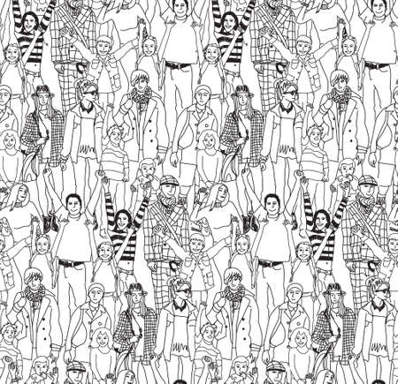 Happy family crowd people and kids black seamless pattern. Color vector illustration. EPS8のイラスト素材