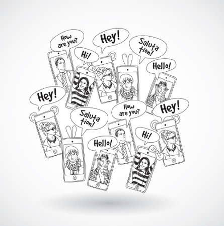 Mobile phones group happy communication people black lines. Monochtome vector illustration. EPS10のイラスト素材