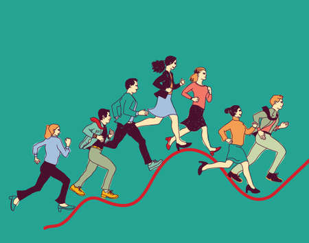 Business people run graph curves red line. Color vector illustration. EPS8