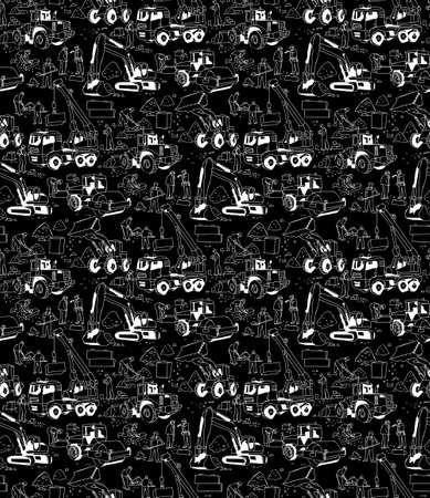 Building construction workers builders black seamless pattern. Monochrome vector illustration.のイラスト素材