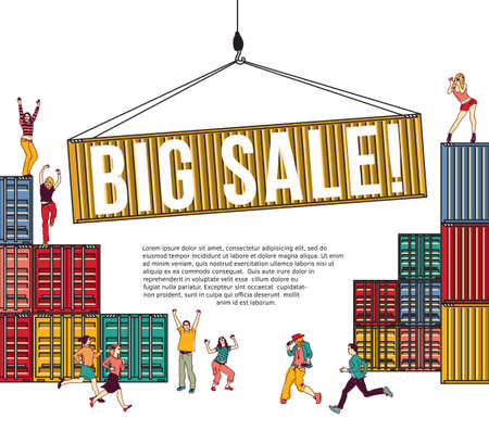 Big sale group happy people shopping container and sign. Color vector illustration. EPS8