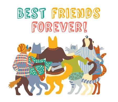 Cats and dogs pets group friends hugs isolate. Color vector illustration.のイラスト素材