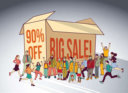 Sale box group people shopping discount run happy sign. Color vector illustration.のイラスト素材