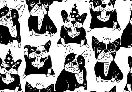 Happy dogs group French bulldog black seamless pattern. Monochrome vector illustration.のイラスト素材
