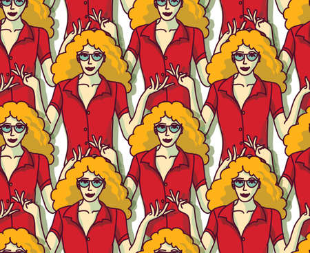 Blond pretty woman in red crowd color seamless pattern. Color vector illustration.のイラスト素材