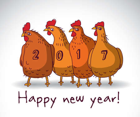 New year greeting chicken card with sign. Color vector illustration.のイラスト素材