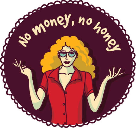 Pretty woman and sign about money color round sticker. Color vector illustration.のイラスト素材