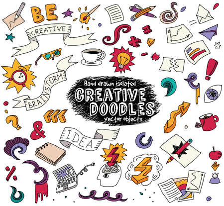 Creative doodles idea brainstorm isolate objects set. Cartoon hand drawn doodles. Color detailed vector illustration with lots of objects . EPS8のイラスト素材