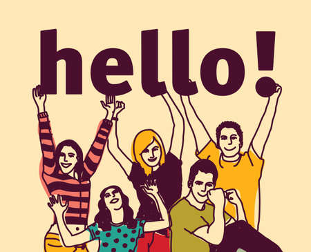 Group young people and signs hello.のイラスト素材