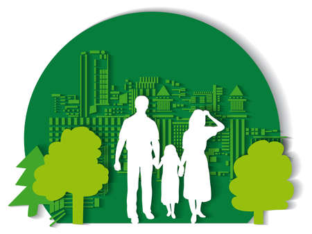 Green city family flat. Color vector illustration. EPS10のイラスト素材