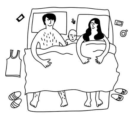 Happy family baby lie in bad line black and white.のイラスト素材