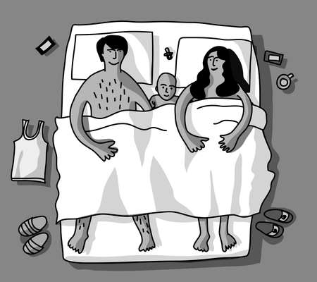 Happy family baby lie in bad black and white.のイラスト素材