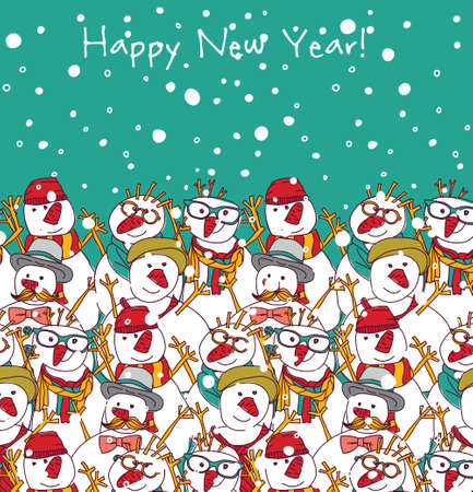 New year and sky snowmen greeting card. Color vector illustration. EPS8のイラスト素材