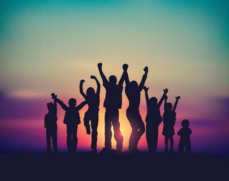 Many children happy family group and sunrise sky silhouettes.のイラスト素材