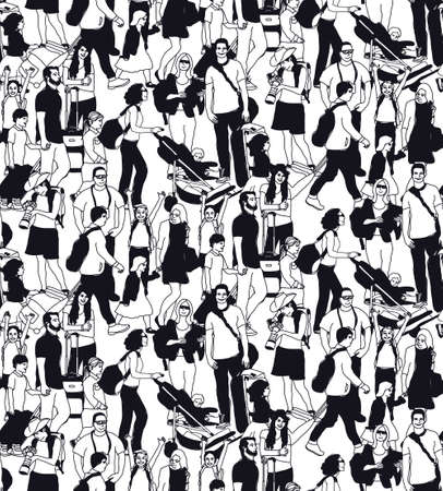 Family people travel crowd seamless pattern black and white.のイラスト素材
