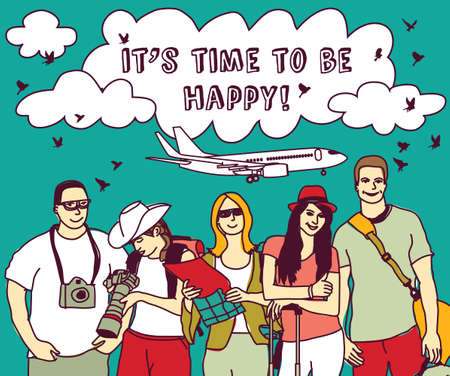 Group happy tourists vacation sky plain and sign. Empty place for your text. Color vector illustration. EPS8のイラスト素材