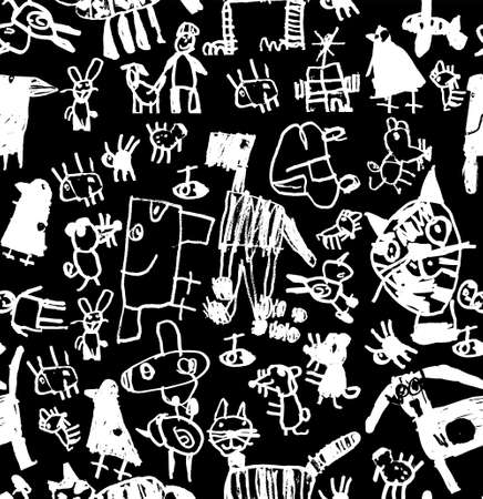 Children doodles draw chalk black and white seamless pattern. Monochrome vector illustration. EPS8の写真素材