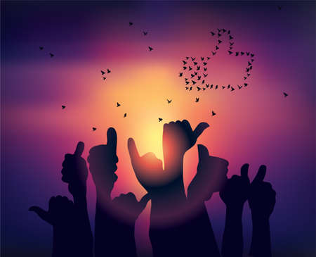 Silhouettes of hands like symbol and birds sunsetのイラスト素材