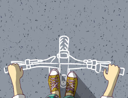 Young man feet and Bicycle painted on asphalt top viewのイラスト素材
