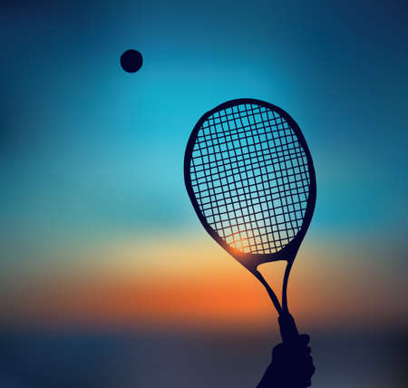 Tennis silhouette of hand with racket in skyのイラスト素材