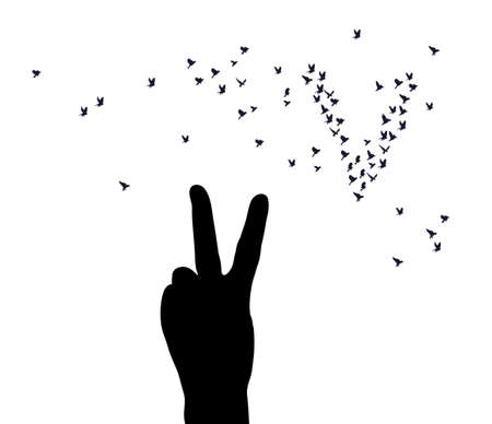 Hand victory symbol silhouette birds isolated on whiteのイラスト素材