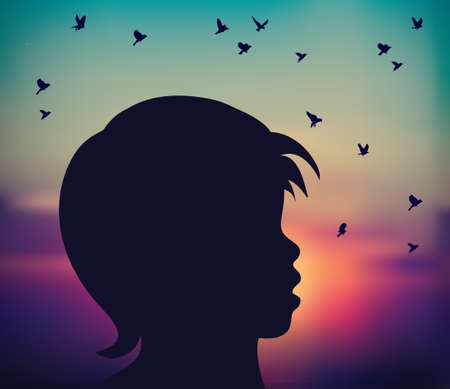 Abstract child silhouette sunrise birds fly freedomのイラスト素材