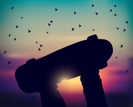 Legs skateboarder skateboard and sunset sky birds flyの写真素材