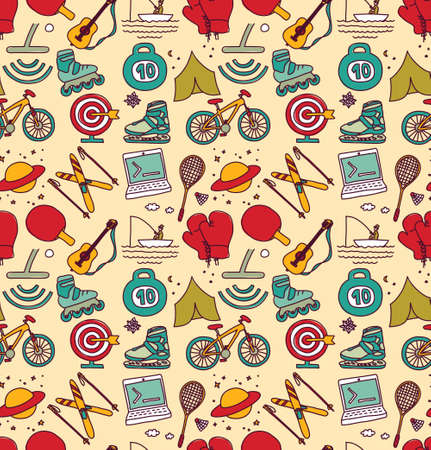 Hobbies men objects sport tourism coding seamless pattern. Color vector illustration EPS8のイラスト素材
