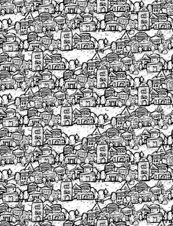Suburb houses trees fields doodles black and white seamless patternのイラスト素材