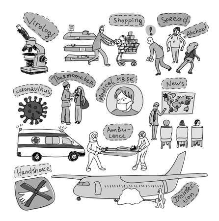 Epidemic pandemic virus scene people isolated objects set grayscaleのイラスト素材