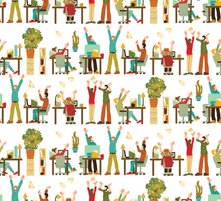Happy Caucasian White People Rejoices Office Seamless Patternのイラスト素材