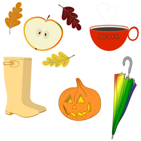 Autumn objects. Rubber boots, apple, umbrella, autumn leaves, cocoa, Halloween pumpkin. Vectorのイラスト素材