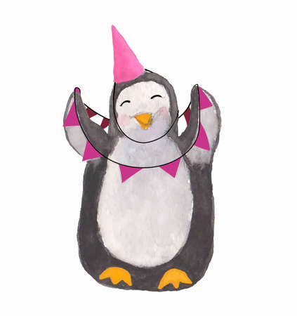 Hand Painted Vector Watercolor Penguin in the bell with garland of flagsのイラスト素材