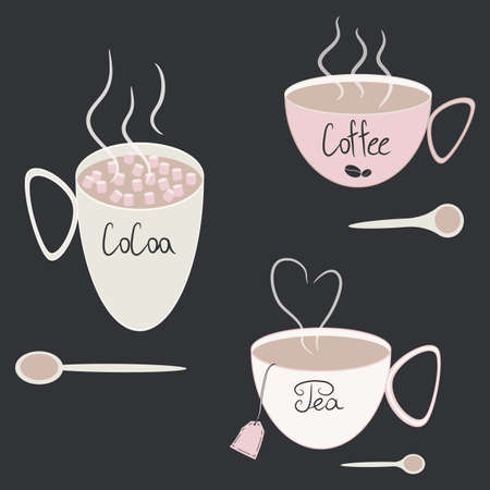 Cups of coffee, cocoa and tea.のイラスト素材