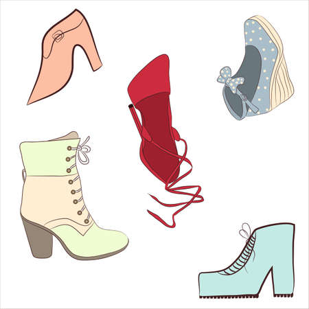 Women shoes. Isolated collection of various types of female footwear.のイラスト素材