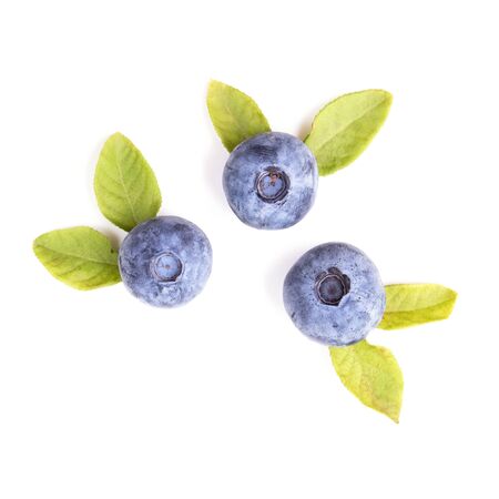 Blueberries with leaves isolated on white background, top viewの写真素材