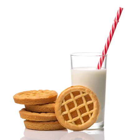 Cookies with jam and glass of milk isolated on white backgroundの写真素材
