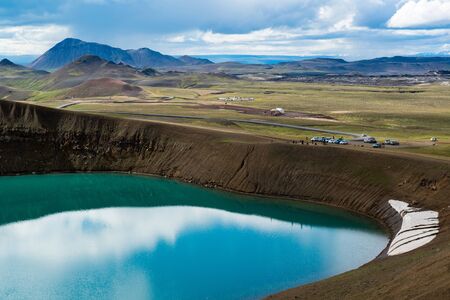 Volcano crater Viti with turquoise lake inside, Krafla volcanic area, Icelandの写真素材
