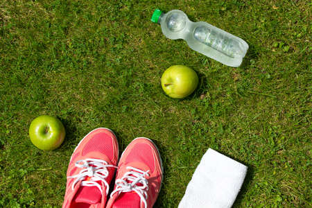 Fitness concept, pink sneakers, notebook with pencil, apples and bottle of water on green grass outdoors, top viewの写真素材