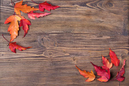 Frame with autumn leaves on wooden background, top view
