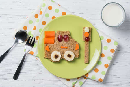 Funny sandwich with car and traffic light, meal for kids ideaの写真素材