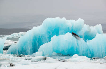 Huge bright blue floes and icebergs at ice lagoon Jokulsarlon, Icelandの写真素材